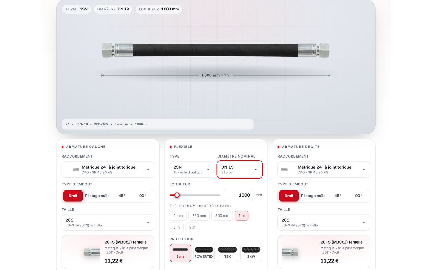 Configurateur de flexible, étape 3 : Diamètre : DN 12 → DN 19