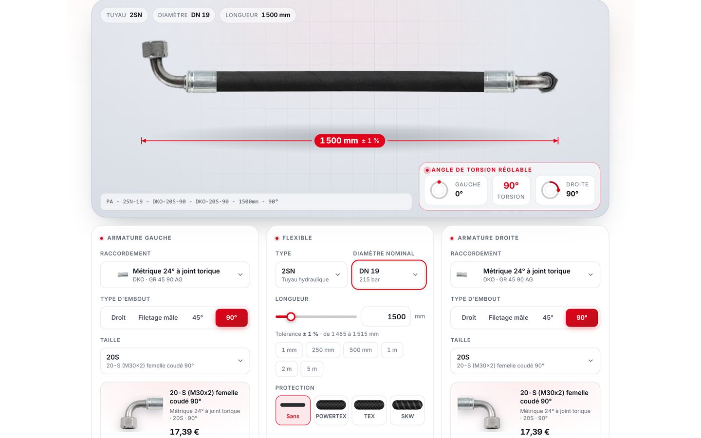 Configurateur de flexible, étape 16 : Longueur : 1 000 → 1 600 mm