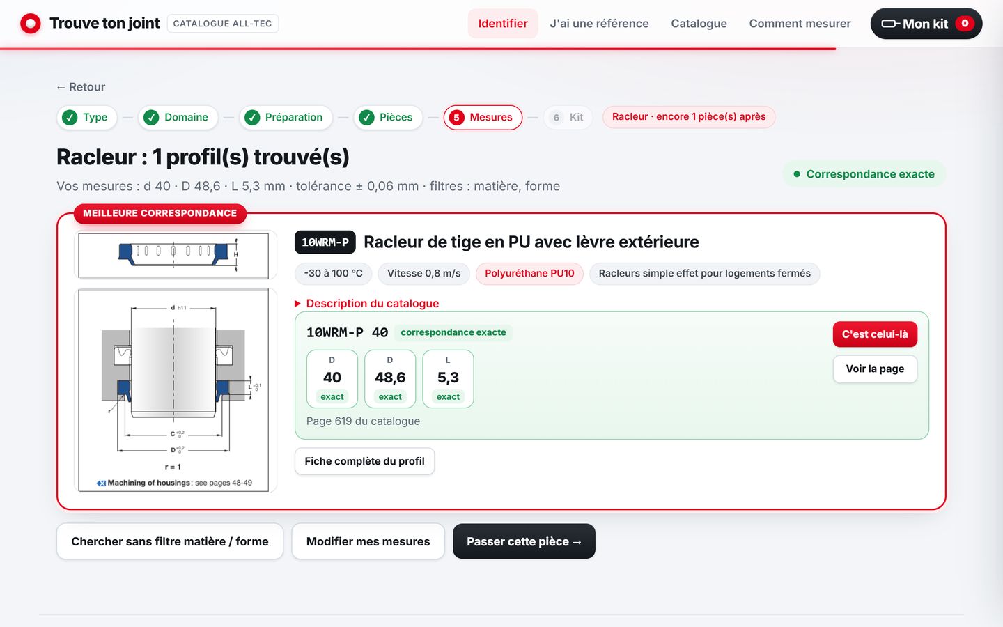 Trouve ton joint, étape 11 : Référence trouvée : racleur