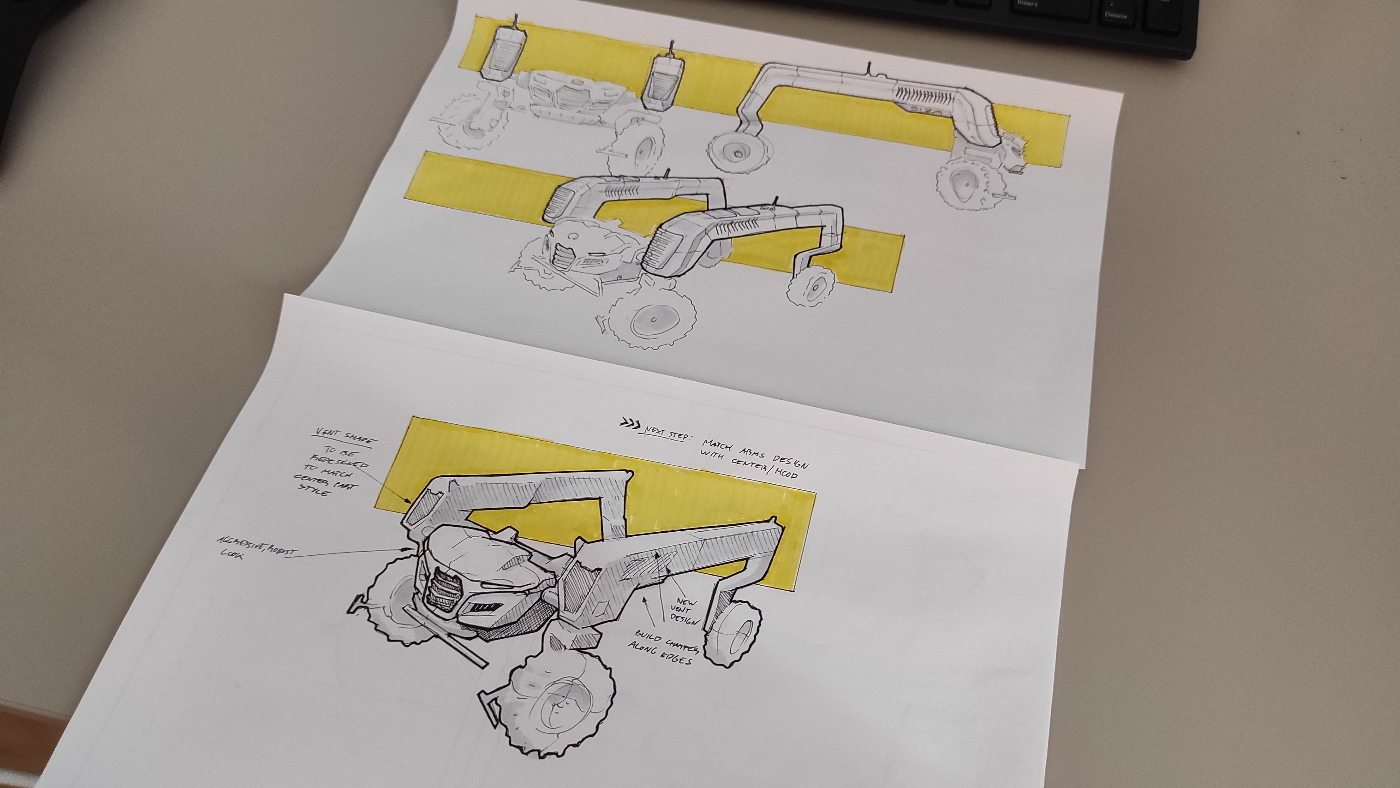 Croquis de design de bras et d'outils, phase design SIZA