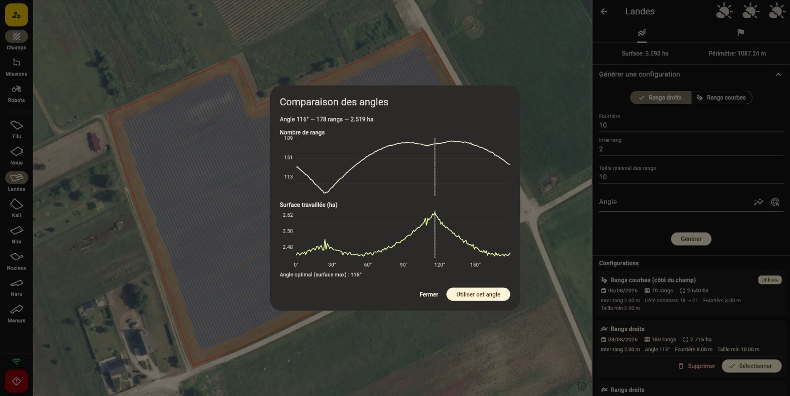 SizApp : comparaison des angles de rangs pour maximiser la surface travaillée