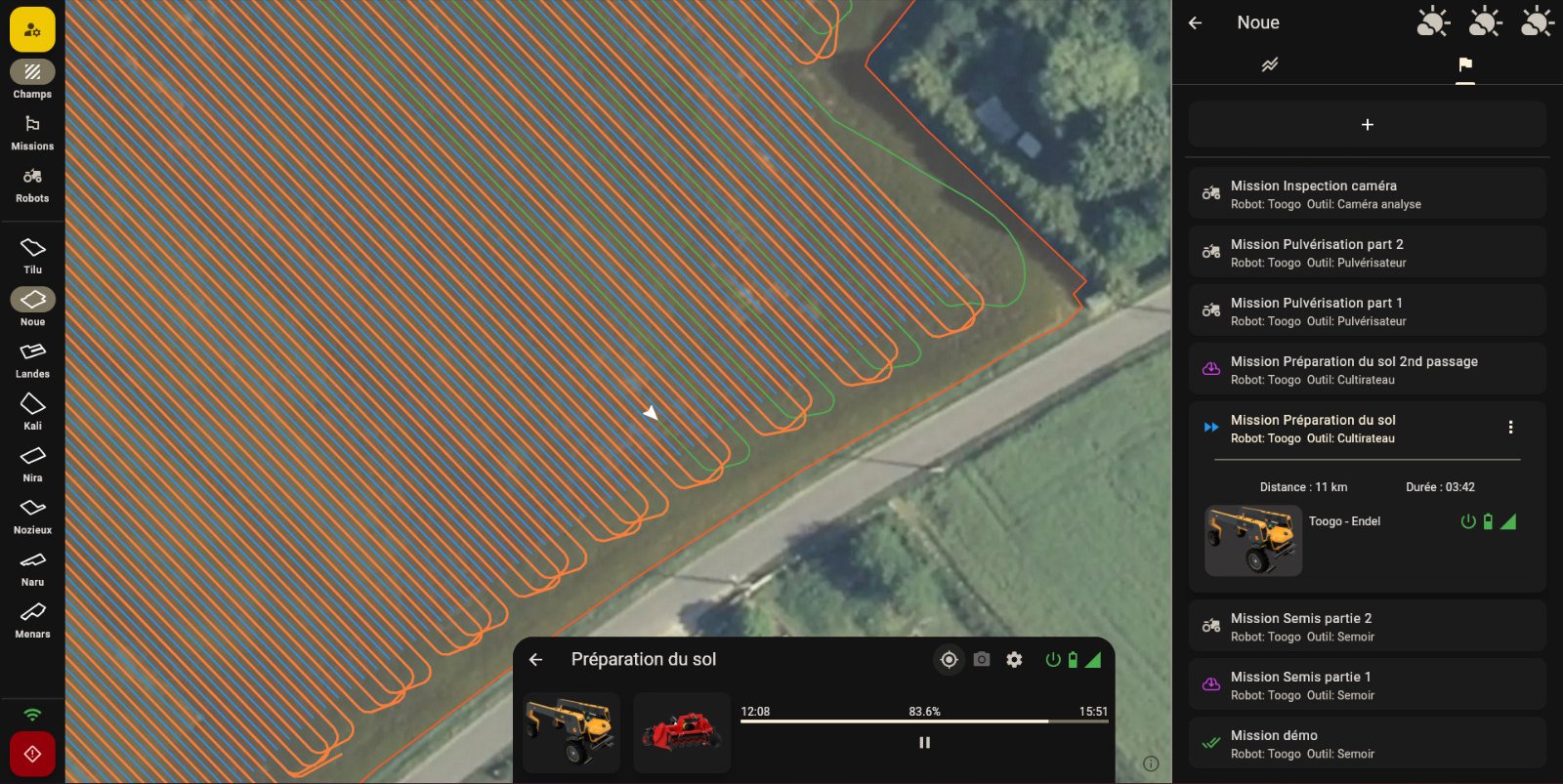 SizApp : mission de préparation du sol en cours, trajectoires du robot et liste des missions