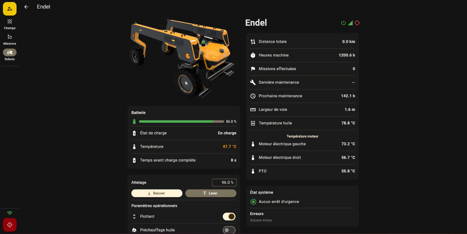 SizApp : fiche du robot TOOGO, batterie, températures, maintenance, attelage