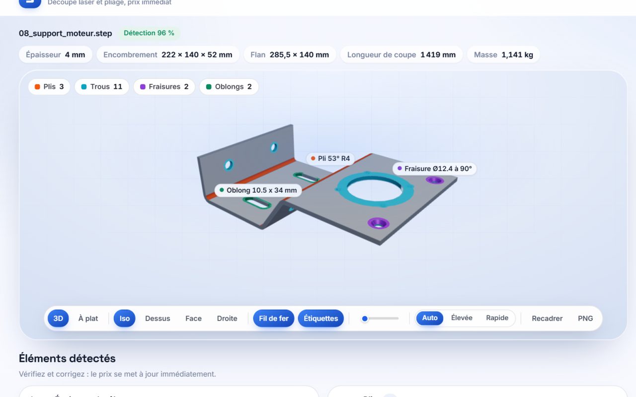 Outil de chiffrage tôlerie SIZA, support moteur : Analyse automatique du fichier STEP