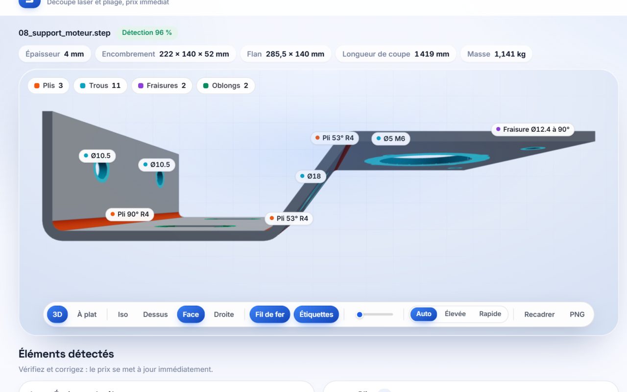 Outil de chiffrage tôlerie SIZA, support moteur : Vue de face : plis à 90° et 53°