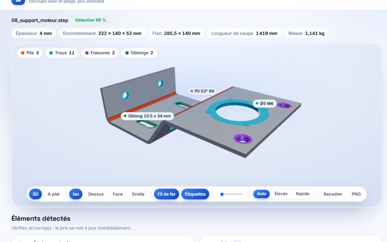 Outil de chiffrage tôlerie SIZA, support moteur : Zoom sur les éléments détectés